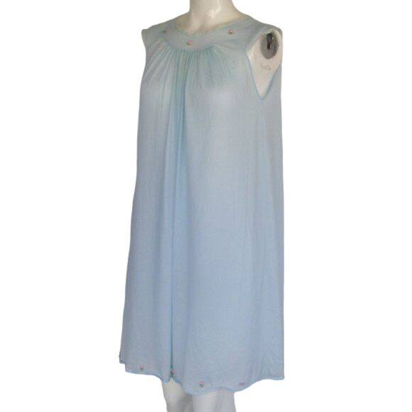 VINTAGE Nightgown, S, Nylon, Semi-sheer, Applique Flowers, Blue - Picture 4 of 8